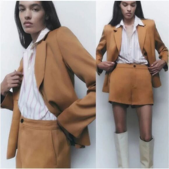 NEW 2 PC Zara Blazer Jacket and Shorts Suit Coord Set in Camel Size XS/Small - Picture 1 of 16